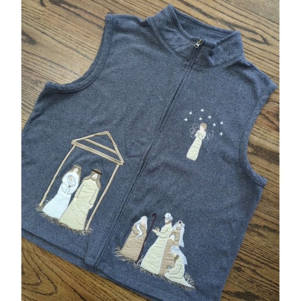Rebecca Malone Sz XL Gray Fleece Applique Vest Nativity Christmas Grandmacore